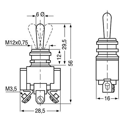 TRU COMPONENTS 701211 KN3 Tuimelschakelaar 250 V/AC 10 A 2x aan/uit/aan Continu/0/continu 1 stuk(s)