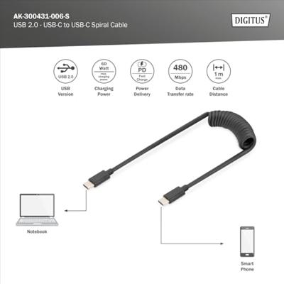 Digitus AK-300431-006-S USB-C Adapter [1x USB-C - 1x USB-C] Zwart Spiraalkabel 1 m