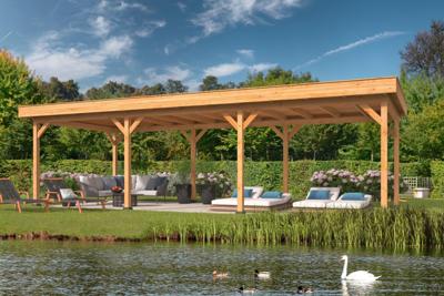 Tuindeco Oslo XL Overkapping type 5 990x430 cm Lariks/Douglashout blank- Plat dak- Onbehandeld lariks Douglas hout- Tuindeco