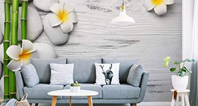 Fotobehang - Witte Planken met stenen en Bloemen, Spa, in 11 maten, inclusief behanglijm