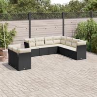 10-delige Loungeset met kussens poly rattan zwart - thumbnail