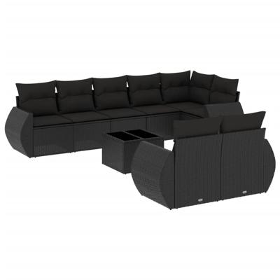 8-delige Loungeset met kussens poly rattan zwart