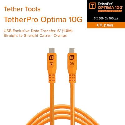 Tether Tools TetherPro Optima 10G USB-C, 6&apos; (1.8m), straight orange