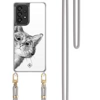 Samsung Galaxy A53 hoesje met grijs koord - Peekaboo kat - thumbnail