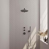 Gunmetal Carving thermostatische regendouche SET 02 | 30 cm douchekop | rechte muurarm | staaf handdouche | doucheslang | PVD geborsteld gunmetal - thumbnail