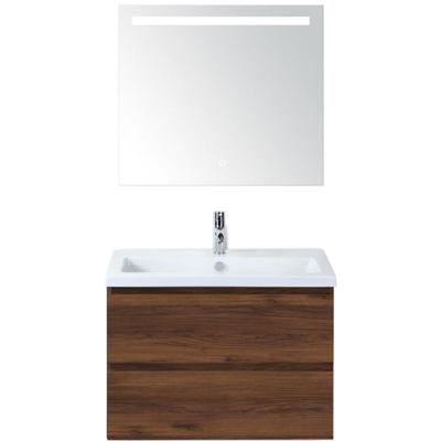 Vogue Badmeubelset 80 cm - Greeplijst in Kleur - Walnoot - Keramische Wastafel Wit 1 Kraangat met Sence Spiegel
