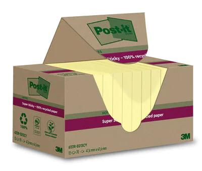 Post-it Super Sticky Notes Recycled, 70 vel, ft 47,6 x 47,6 mm, geel, pak van 12 blokken