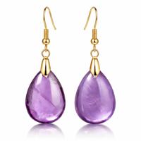 Goudkleurige Oorbellen voor Dames met Druppelvormige Amethist Hanger - thumbnail