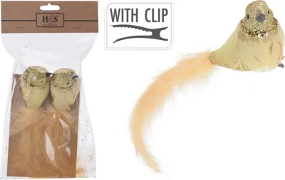 Kerstversiering Vogel op Clip 2 stuks - 16cm - Goud Kerstversiering Vogel op Clip 2 stuks - 16cm - Goud