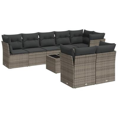 9-delige Loungeset met kussens poly rattan grijs - thumbnail