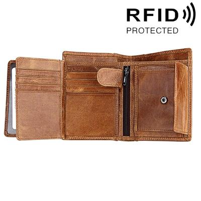 Echte koeienhuid lederen 3-opvouwbare kaarthouder portemonnee RFID blokkeren kaart tas Bescherm Case voor mannen grootte: 13 * 10.2 * 2.5 cm (bruin)