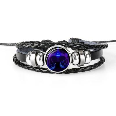 12 sterrenbeeld zwart gevlochten lederen glazen koepel Punk mannen Bracelet(Libra)