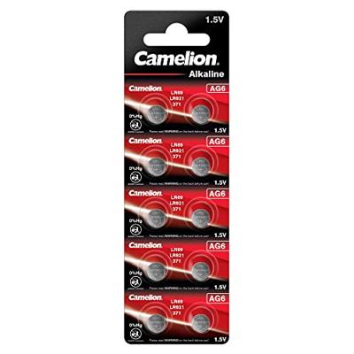 Camelion 12051006 alkaline knoopcelbatterij zonder kwik AG6/LR69/LR921/371 met 1,5 Volt, set van 10, capaciteit 20 mAh,Meerkleurig