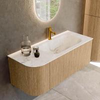 Mondiaz KURVE-DLUX 115 cm Onderkast Greeploos 1 Lade Met Deuren Oak, Wastafel Solid Surface Rechts Frappe 1 Kraangat Zonder Spiegel (KRVBGS115L1L1D1KR-Oak/Fra) - thumbnail