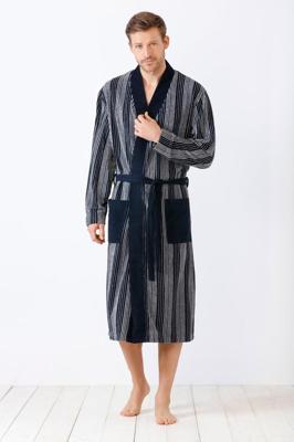 Blauw gestreepte badstof herenbadjas van Hajo Blauw gestreepte badstof herenbadjas van Hajo