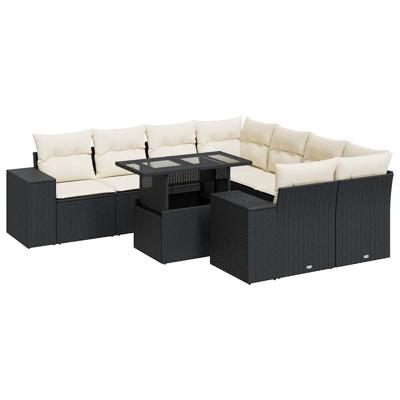 9-delige Loungeset met kussens poly rattan zwart