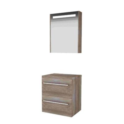 Basic-Line Premium 46 Badkamermeubelset - 60 x 46 cm - Met Grepen - 2 Lades - Wastafelblad - Spiegelkast met LED Verlichting - Scotch Oak