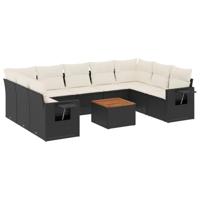 10-delige Loungeset met kussens poly rattan zwart - thumbnail