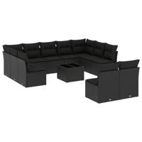 12-delige Loungeset met kussens poly rattan zwart - thumbnail
