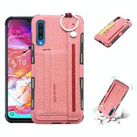 Voor Galaxy A70 doek textuur + TPU schokbestendige beschermhoes met metalen ring & houder & kaartsleuven & opknoping riem (roze) - thumbnail