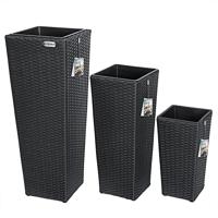 Bloempotten polyrotan set van 3 stuks in zwart - thumbnail