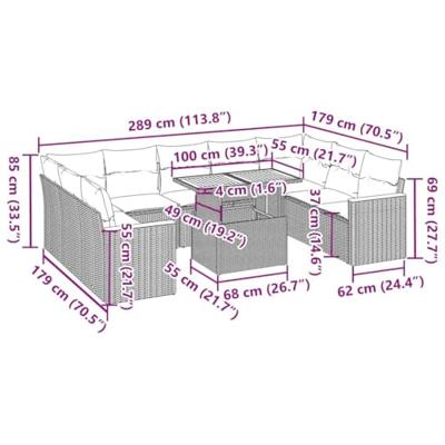 10-delige Loungeset met kussens poly rattan grijs