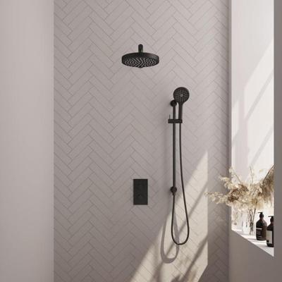 Brauer Stripe thermostatische inbouw regendouche 3-weg rechthoekig SET 22 met 25 cm douchekop en rechte muurarm en 3-standen handdouche en doucheslang en geintegreerde glijstang mat zwart