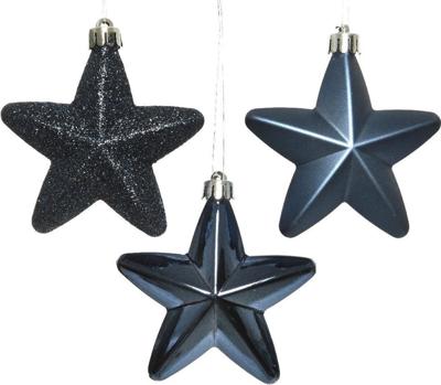 6 Sterren plastic glans-mat-glitter 2x7.5x7.5cm nacht blauw KSD - Ksd