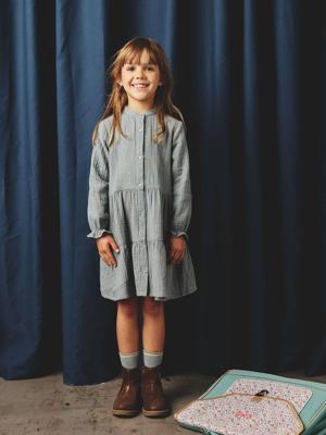 Jurk met stippen in katoenen gaas voor meisjes saliegroen Jurk met stippen in katoenen gaas voor meisjes saliegroen