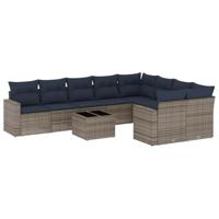 10-delige Loungeset met kussens poly rattan grijs - thumbnail