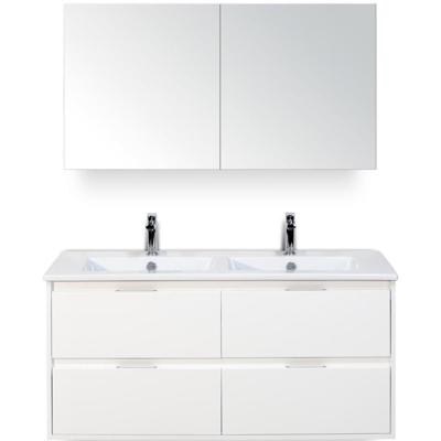 Porto Badmeubelset 120 cm - 4 Laden Wit Hoogglans - Keramische Wastafel Wit Slim met Spiegelkast