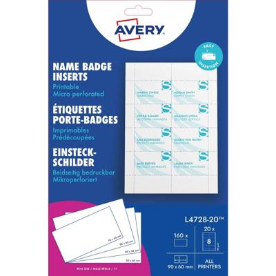 Avery-Zweckform L4728-20 Insteekplaatje naamplaatje 90 mm x 60 mm Wit Avery-Zweckform L4728-20 Insteekplaatje naamplaatje 90 mm x 60 mm Wit