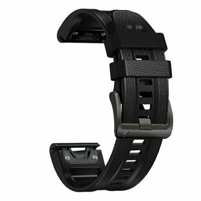 By Qubix - leer + siliconen bandje - Zwart - Compatible met Garmin Tactix 8-47mm - Compatible Garmin bandje - Bandbreedte: 22mm
