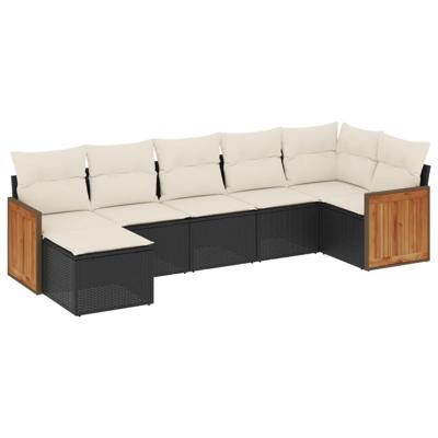 7-delige Loungeset met kussens poly rattan zwart - thumbnail
