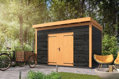 Berging Enter 400x300 cm incl. dubbele deur, horizontale wanden zwart geïmpregneerd - Bouwpakket- Plat dak- Geïmpregneerd Zweeds rabat, onbehandeld Douglashout- Tuindeco