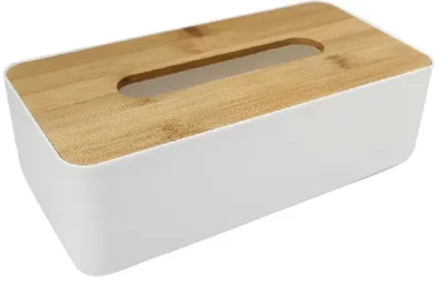 Tissuehouder wit met bamboe deksel 26x13x8cm