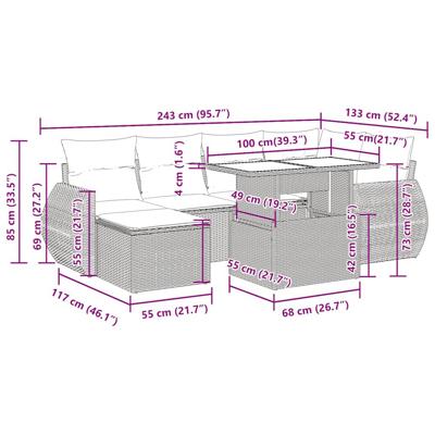 7-delige Loungeset met kussens poly rattan beige