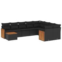 10-delige Loungeset met kussens poly rattan zwart - thumbnail