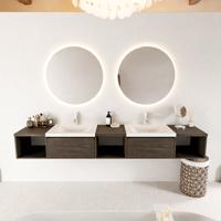 MONDIAZ BUKLA 240cm badmeubel met open module 40 L+M+R kleur Dark Brown met 2 lades. Wastafel CLOUD dubbel 2 kraangaten kleur Talc. - thumbnail