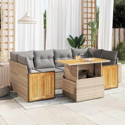 7-delige Loungeset met kussens poly rattan beige