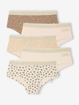 Set van 5 shorty's voor meisjes met luipaardprint en hartjes ecru