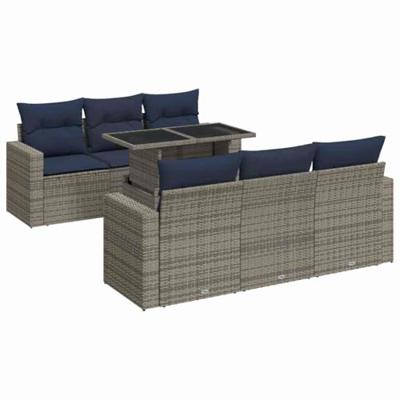 7-delige Loungeset met kussens poly rattan acacia grijs