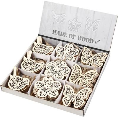 Creativ Company Houten figuren, vlinder, bloem en vogel, h: 10 cm, b: 10 cm, 90 stuk/ 1 doos