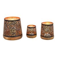 Windlichtset van metaal op mangohouten sokkel, zwart/goud, 3-delige set (B/H/D) 17x19x17cm 12x14x12cm 10x11x10cm - thumbnail