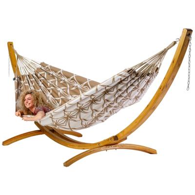 Familie hangmat met houten standaard - 400x180cm - Bruin - 200kg draagkracht- 100% katoen - binnen & buiten
