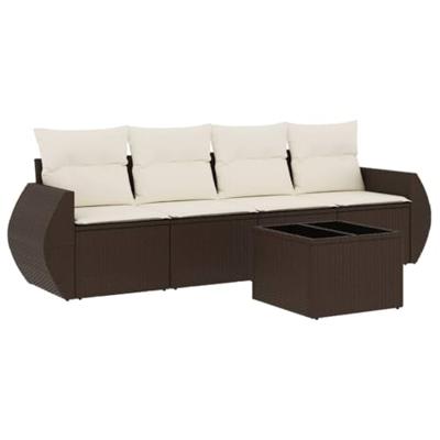 5-delige Loungeset met kussens poly rattan bruin
