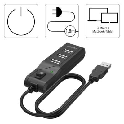 Hama usb-hub 4-poorts usb 2.0 480 mbit/s aan/uit-schakelaar