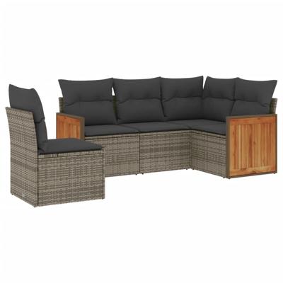 5-delige Loungeset met kussens poly rattan grijs - thumbnail