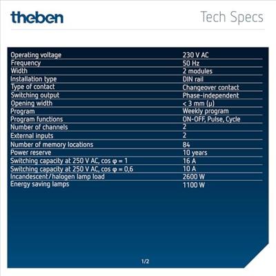 Theben 6110130 Schakelklok Digitaal Weekprogramma 2600 W IP20 Countdown-functie, Stopwatch, Toevalsfunctie