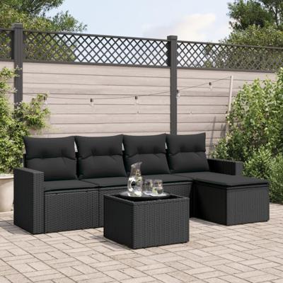 6-delige Loungeset met kussens poly rattan zwart